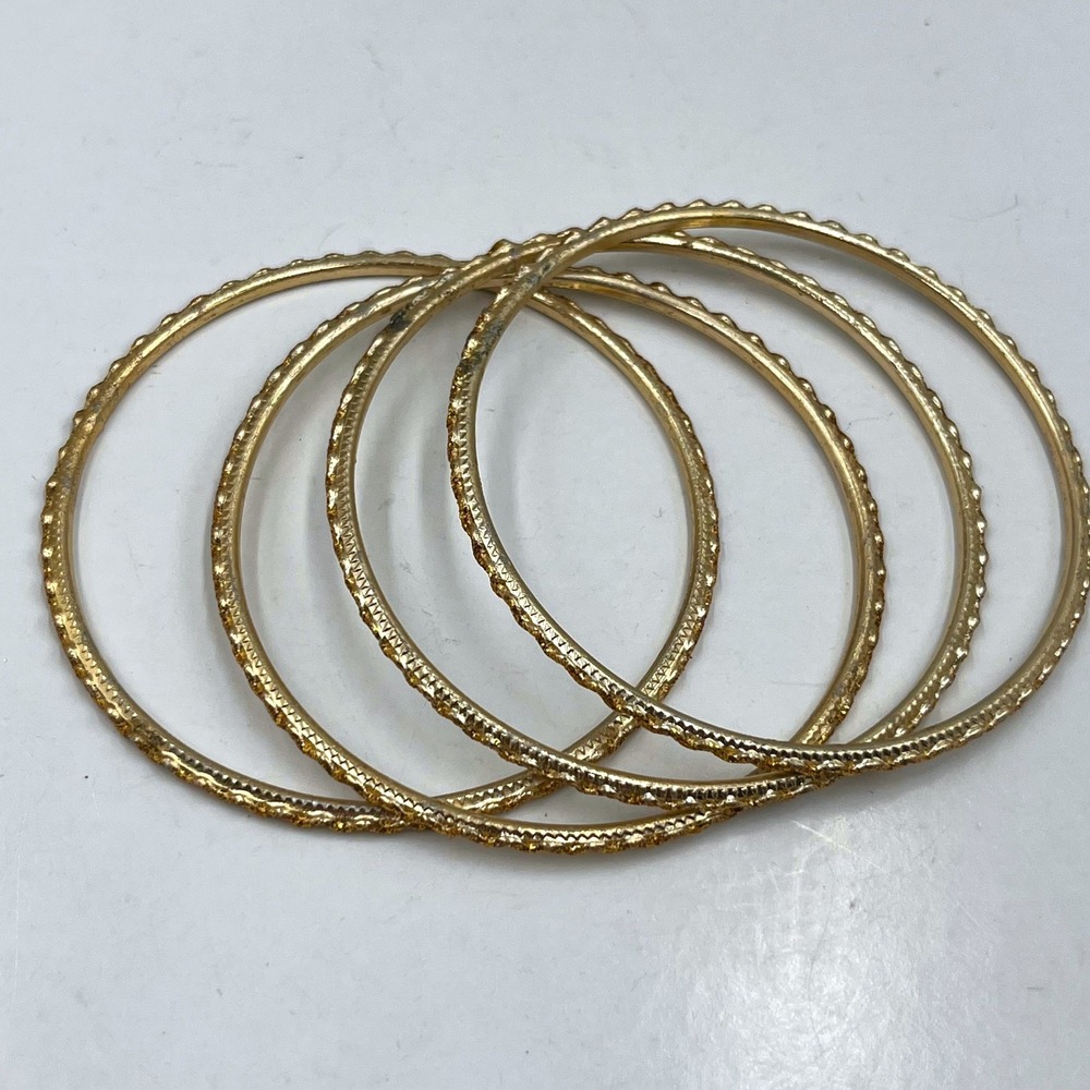 5 Vintage Gold Tone Stacking Bangle Bracelets Set Diamond Cut Boho‎ Jewelry Lot